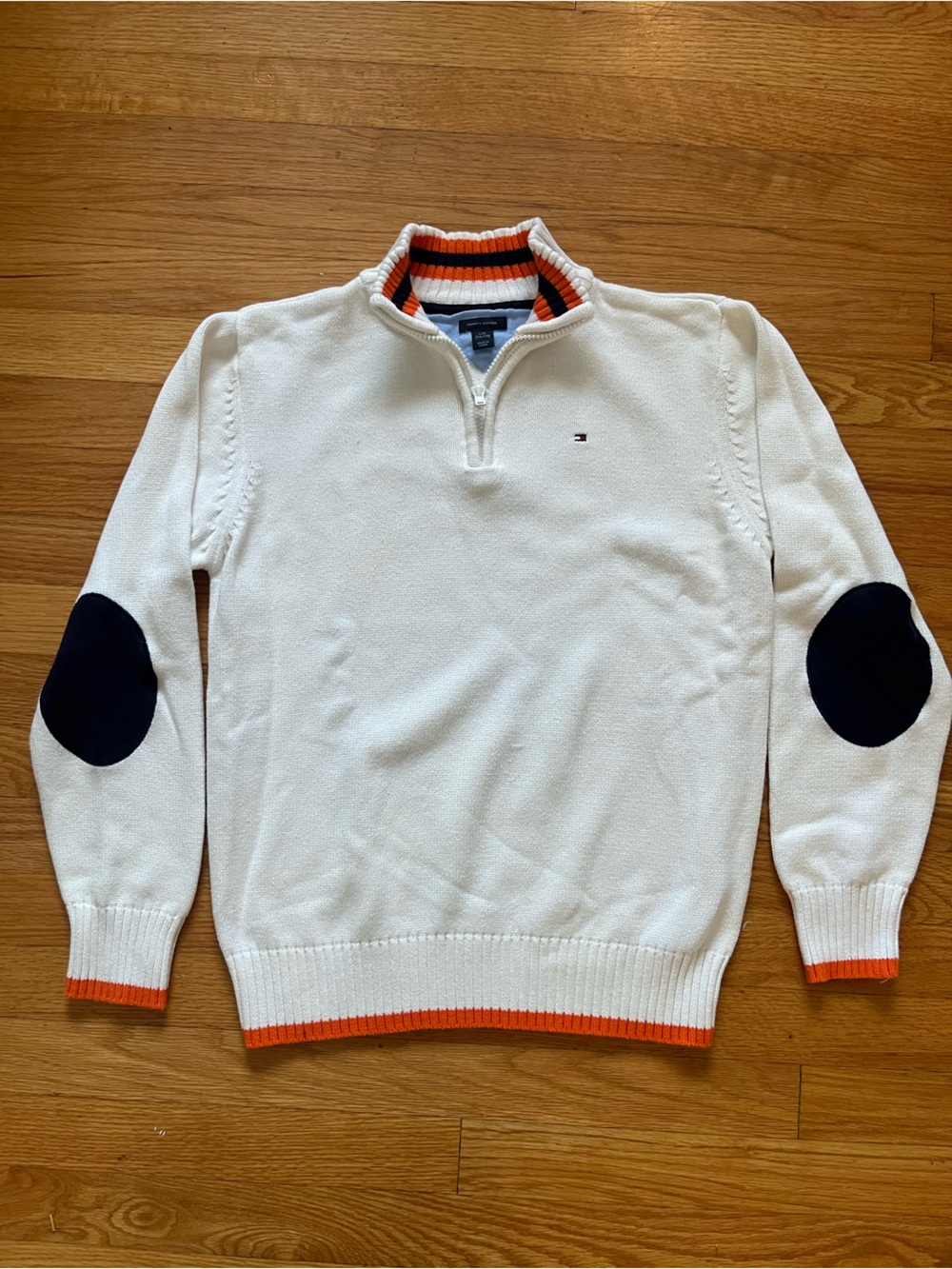 Tommy Hilfiger Kids White Sweater with Navy Elbow Patches and Orange Trim